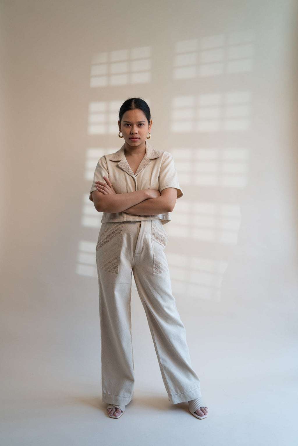 Dawning Denim Crop Jacket & Patch Pocket Pants Set by Lafaani with Beige, Casual Wear, Co-ord Sets, Dawning by Lafaani, Denim, Embroidered, Hand Woven Cotton, Kora, Natural, Office, Office Wear Co-ords, Regular Fit, Womenswear at Kamakhyaa for sustainable fashion