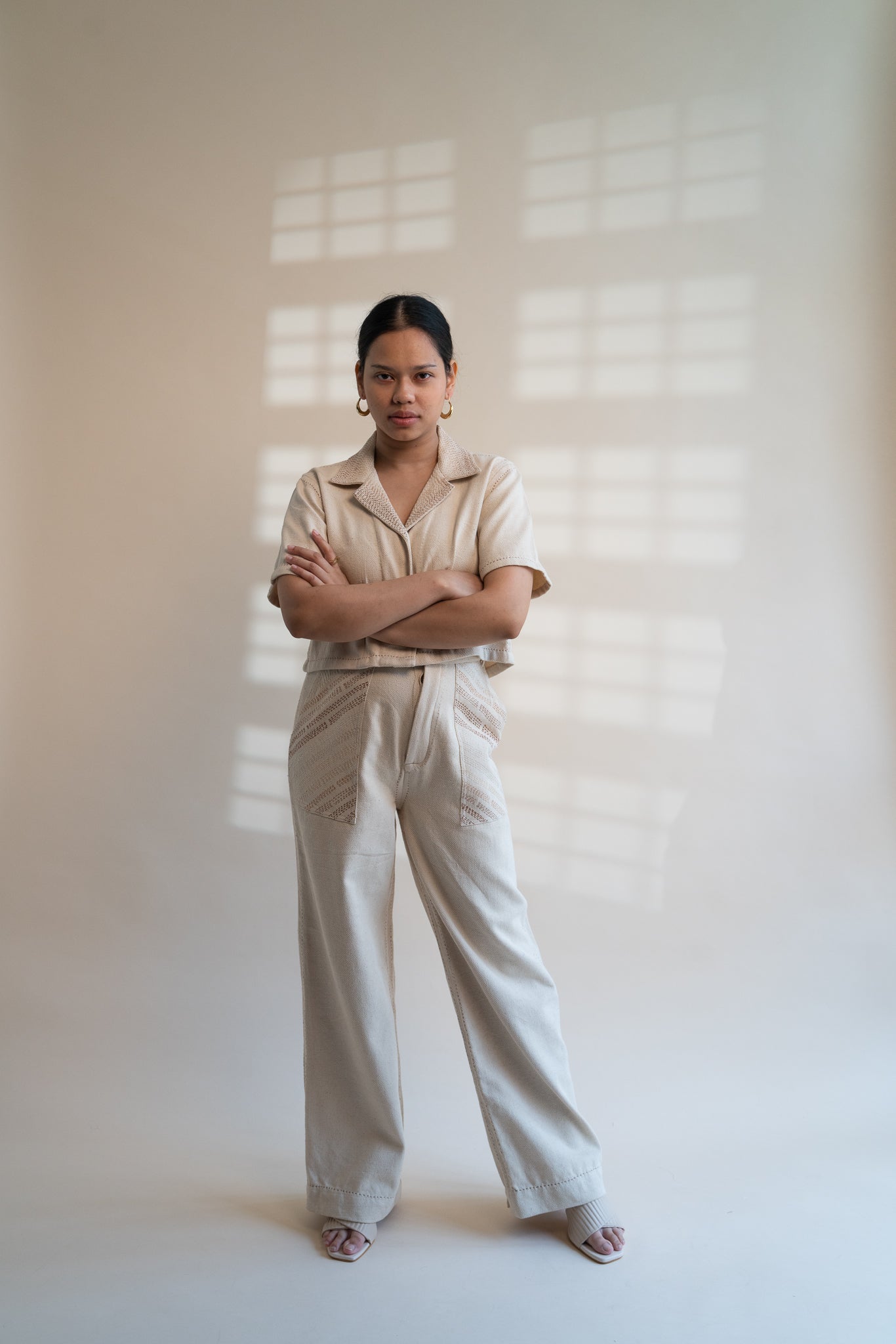 Dawning Denim Crop Jacket & Patch Pocket Pants Set by Lafaani with Beige, Casual Wear, Co-ord Sets, Dawning by Lafaani, Denim, Embroidered, Hand Woven Cotton, Kora, Natural, Office, Office Wear Co-ords, Regular Fit, Womenswear at Kamakhyaa for sustainable fashion