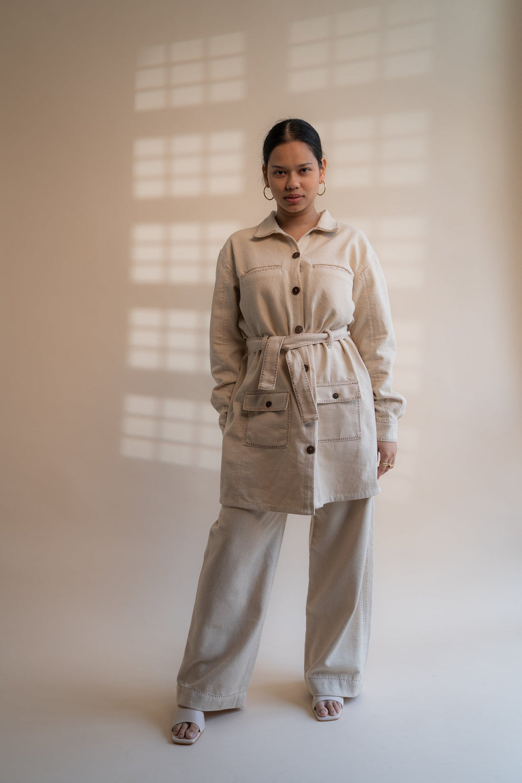 Dawning Denim Dress & Patch Pocket Pants Set by Lafaani with Beige, Casual Wear, Co-ord Sets, Dawning by Lafaani, Denim, Embroidered, Hand Woven Cotton, Kora, Natural, Regular Fit, Vacation, Vacation Co-ords, Womenswear at Kamakhyaa for sustainable fashion