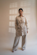 Dawning Denim Dress & Patch Pocket Pants Set by Lafaani with Beige, Casual Wear, Co-ord Sets, Dawning by Lafaani, Denim, Embroidered, Hand Woven Cotton, Kora, Natural, Regular Fit, Vacation, Vacation Co-ords, Womenswear at Kamakhyaa for sustainable fashion
