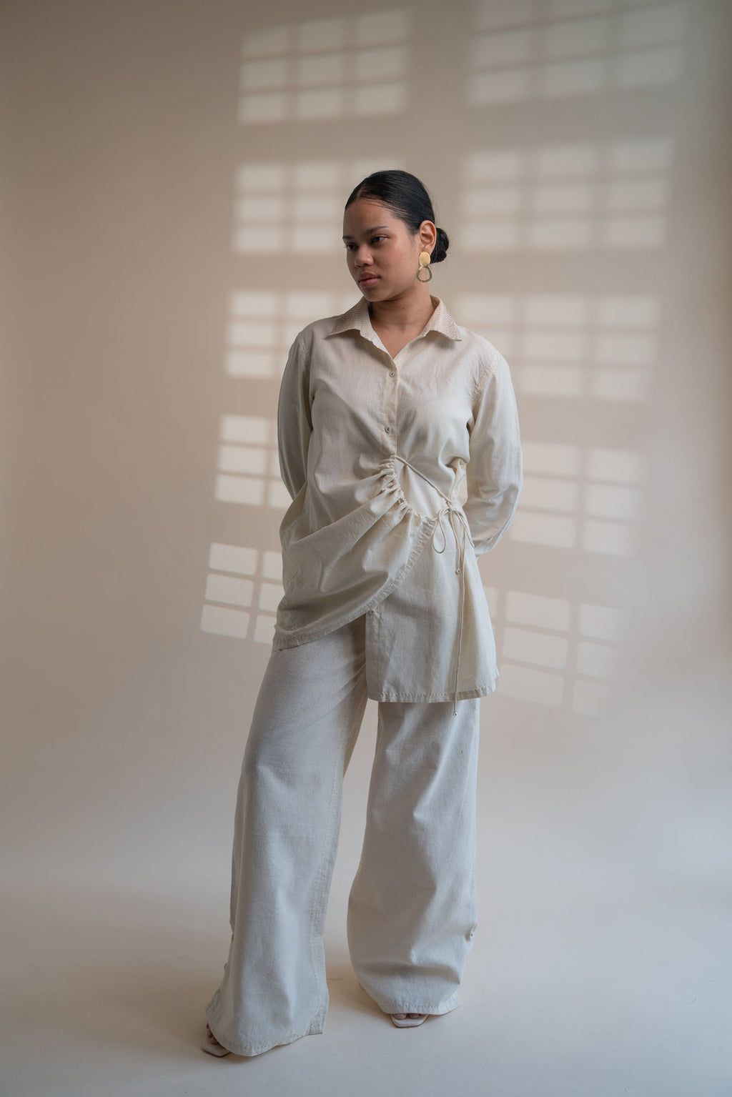 Dawning Draped Shirt by Lafaani with Beige, Casual Wear, Dawning by Lafaani, Denim, Embroidered, Hand Woven Cotton, Kora, Natural, Relaxed Fit, Tops, Womenswear, Wrap Tops at Kamakhyaa for sustainable fashion
