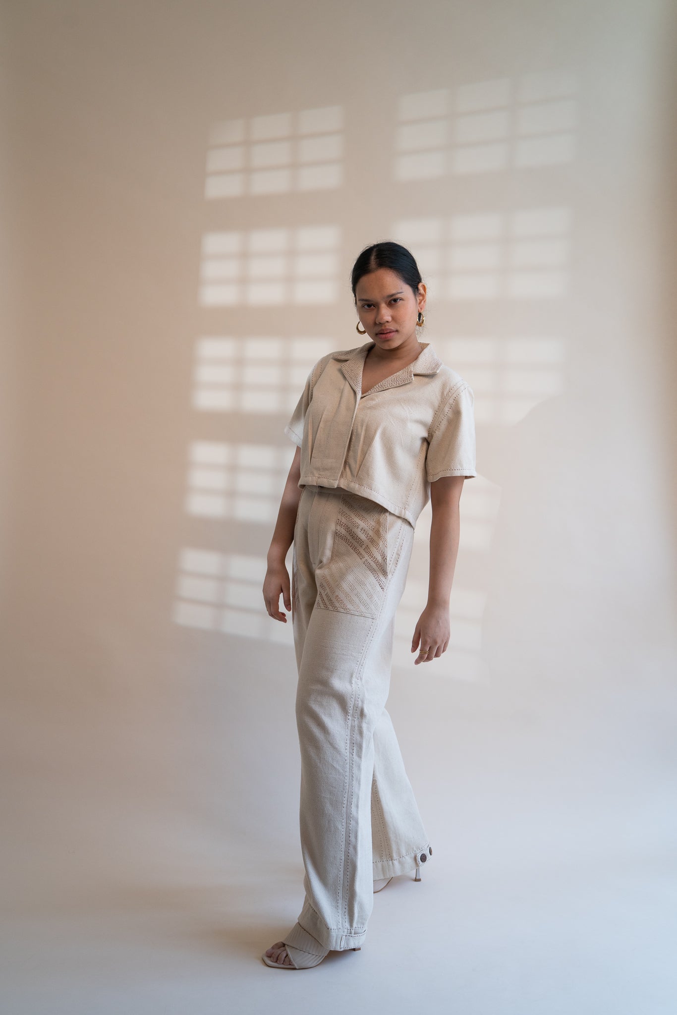 Dawning Denim Crop Jacket & Patch Pocket Pants Set by Lafaani with Beige, Casual Wear, Co-ord Sets, Dawning by Lafaani, Denim, Embroidered, Hand Woven Cotton, Kora, Natural, Office, Office Wear Co-ords, Regular Fit, Womenswear at Kamakhyaa for sustainable fashion