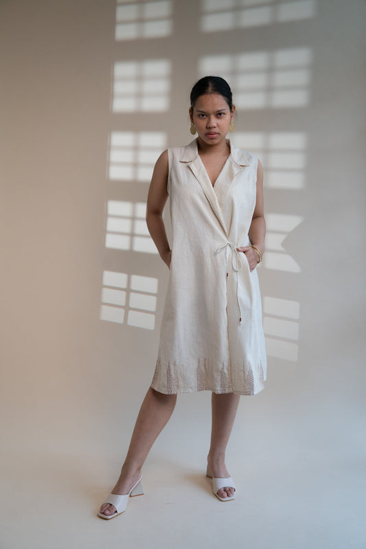 Dawning Tie Up Dress by Lafaani with Beige, Casual Wear, Dawning by Lafaani, Denim, Embroidered, Hand Woven Cotton, Kora, Natural, Regular Fit, Womenswear, Wrap Dresses at Kamakhyaa for sustainable fashion
