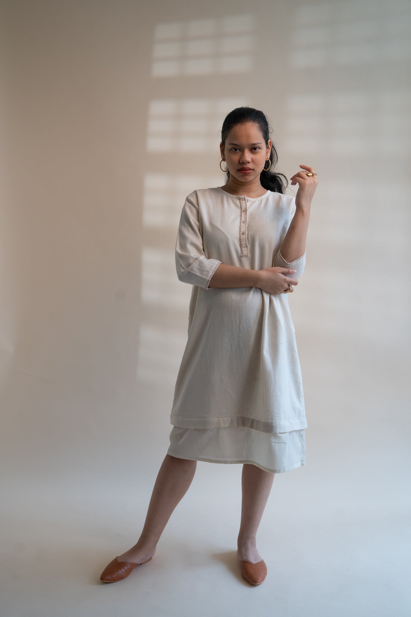 Dawning Long Shirt by Lafaani with Beige, Casual Wear, Dawning by Lafaani, Denim, Embroidered, Hand Woven Cotton, Kora, Natural, Regular Fit, Shirt Dresses, Shirts, Womenswear at Kamakhyaa for sustainable fashion