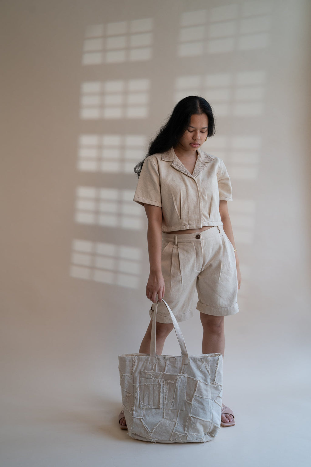 Dawning Denim Crop Jacket & Shorts Set by Lafaani with Beige, Casual Wear, Co-ord Sets, Dawning by Lafaani, Denim, Embroidered, Hand Woven Cotton, Kora, Natural, Regular Fit, Travel, Travel Co-ords, Womenswear at Kamakhyaa for sustainable fashion