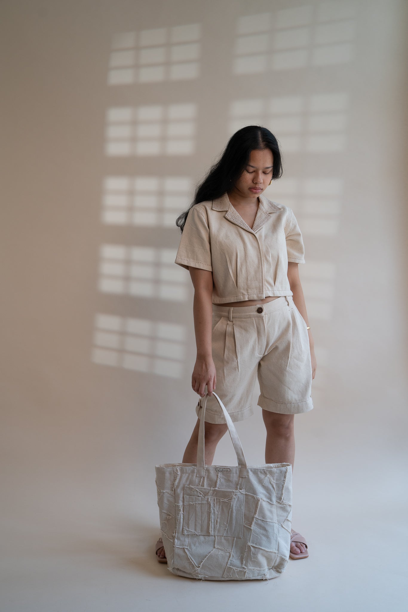 Dawning Denim Crop Jacket & Shorts Set by Lafaani with Beige, Casual Wear, Co-ord Sets, Dawning by Lafaani, Denim, Embroidered, Hand Woven Cotton, Kora, Natural, Regular Fit, Travel, Travel Co-ords, Womenswear at Kamakhyaa for sustainable fashion