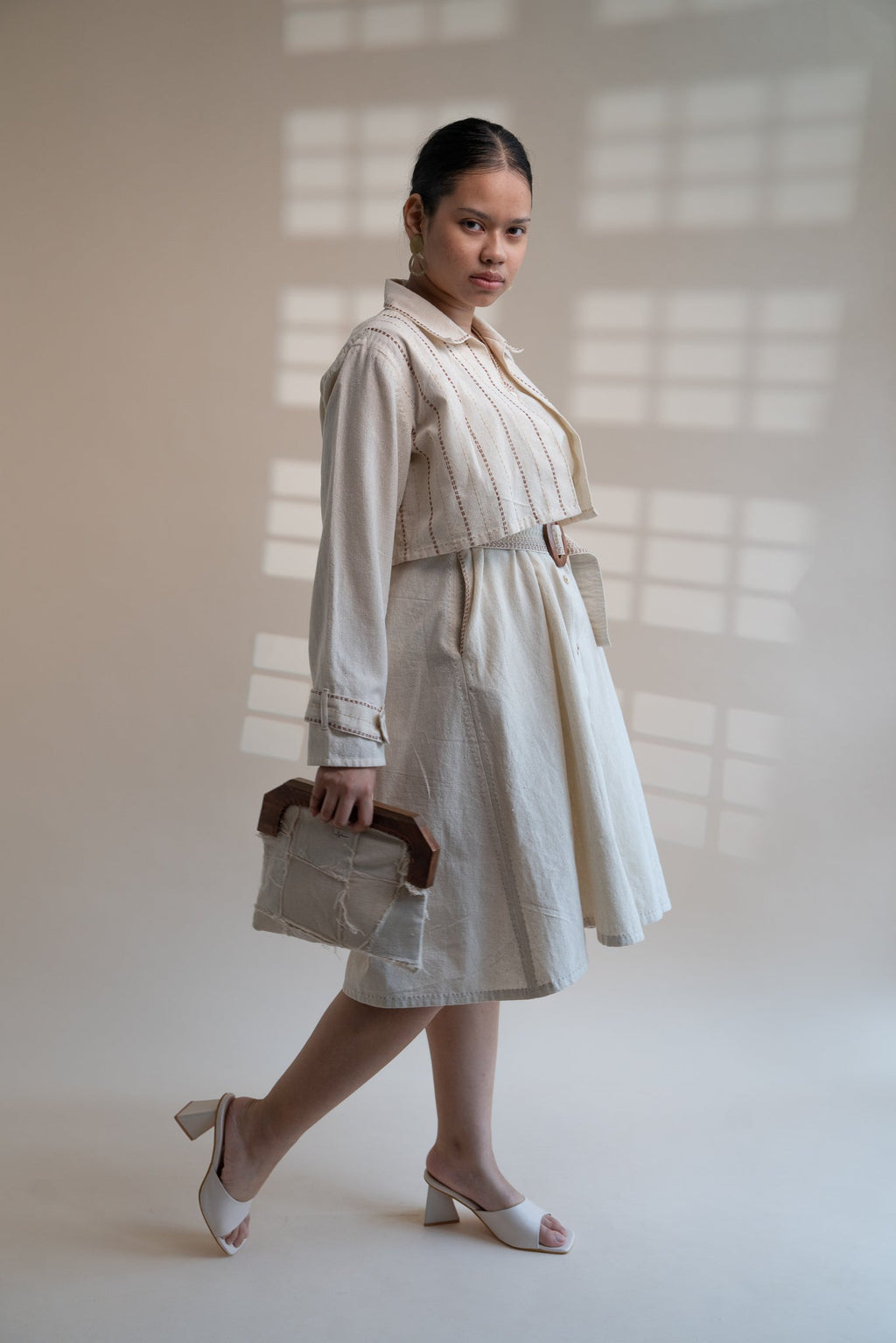 Dawning Trench Dress with Cropped Jacket by Lafaani with Beige, Casual Wear, Co-ord Sets, Dawning by Lafaani, Denim, Embroidered, Hand Woven Cotton, Kora, Natural, Regular Fit, Vacation, Vacation Co-ords, Womenswear at Kamakhyaa for sustainable fashion
