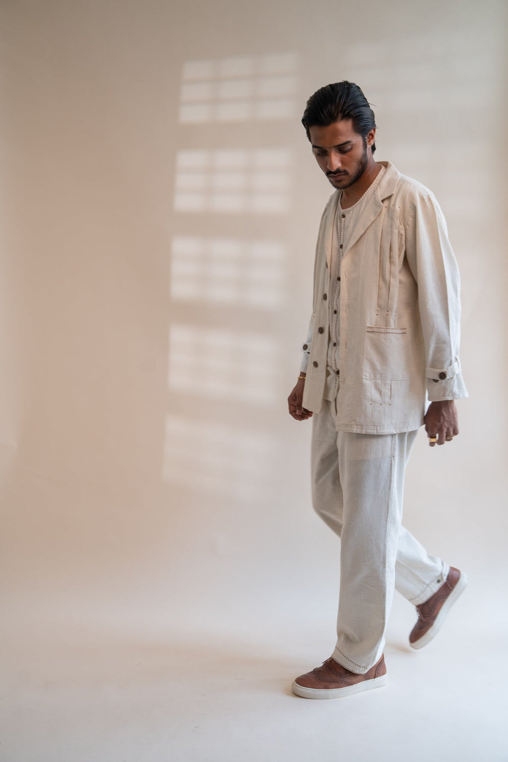 Dawning Unisex Pleated Blazer by Lafaani with Beige, Blazers, Casual Wear, Dawning by Lafaani, Denim, Embroidered, For Him, Hand Woven Cotton, Kora, Mens Overlay, Menswear, Natural, Regular Fit, Unisex at Kamakhyaa for sustainable fashion