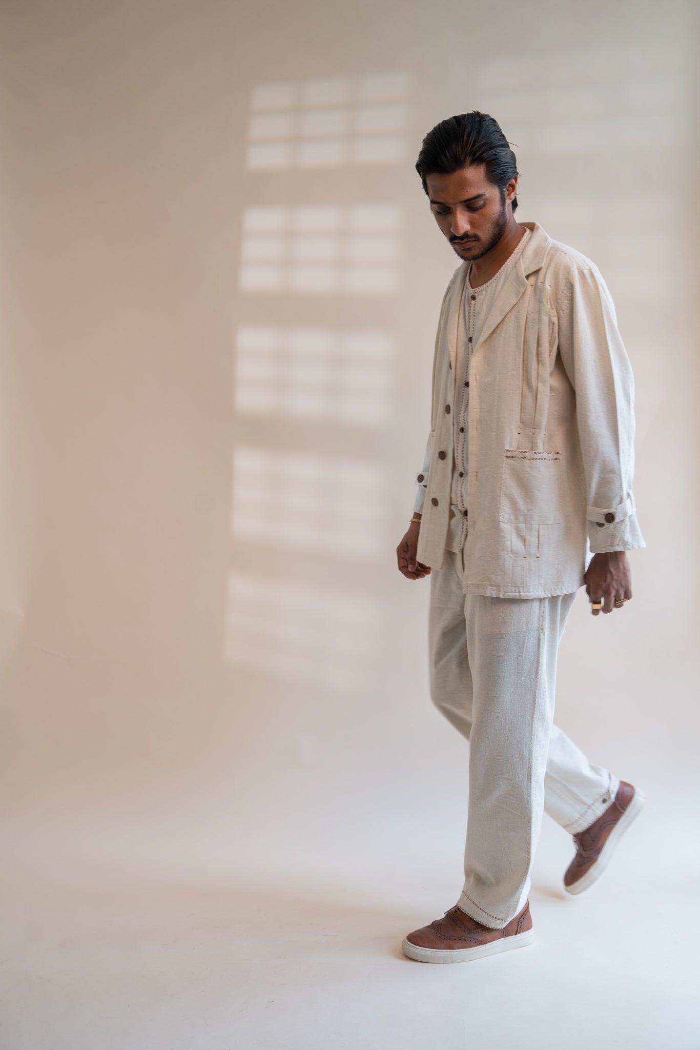 Dawning Unisex Pleated Blazer by Lafaani with Beige, Blazers, Casual Wear, Dawning by Lafaani, Denim, Embroidered, For Him, Hand Woven Cotton, Kora, Mens Overlay, Menswear, Natural, Regular Fit, Unisex at Kamakhyaa for sustainable fashion