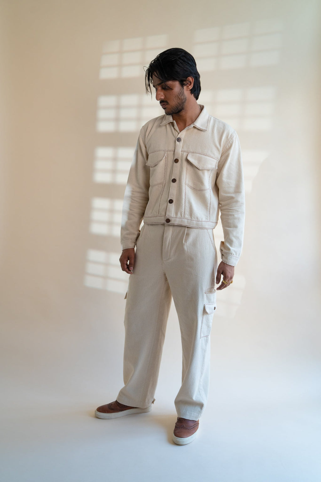 Dawning Denim Jacket & Utility Pants Set by Lafaani with Beige, Bottoms, Casual Wear, Co-ord Sets, Dawning by Lafaani, Denim, Embroidered, For Him, Hand Woven Cotton, Kora, Mens Co-ords, Menswear, Natural, Regular Fit at Kamakhyaa for sustainable fashion