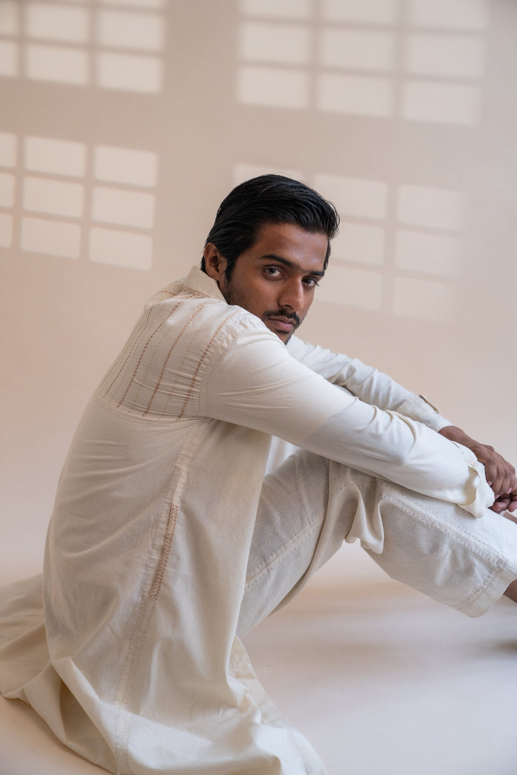 Dawning Unisex Overlay by Lafaani with Beige, Casual Wear, Dawning by Lafaani, Denim, Embroidered, For Him, Hand Woven Cotton, Kora, Mens Overlay, Menswear, Natural, Regular Fit, Trench Coats, Unisex at Kamakhyaa for sustainable fashion