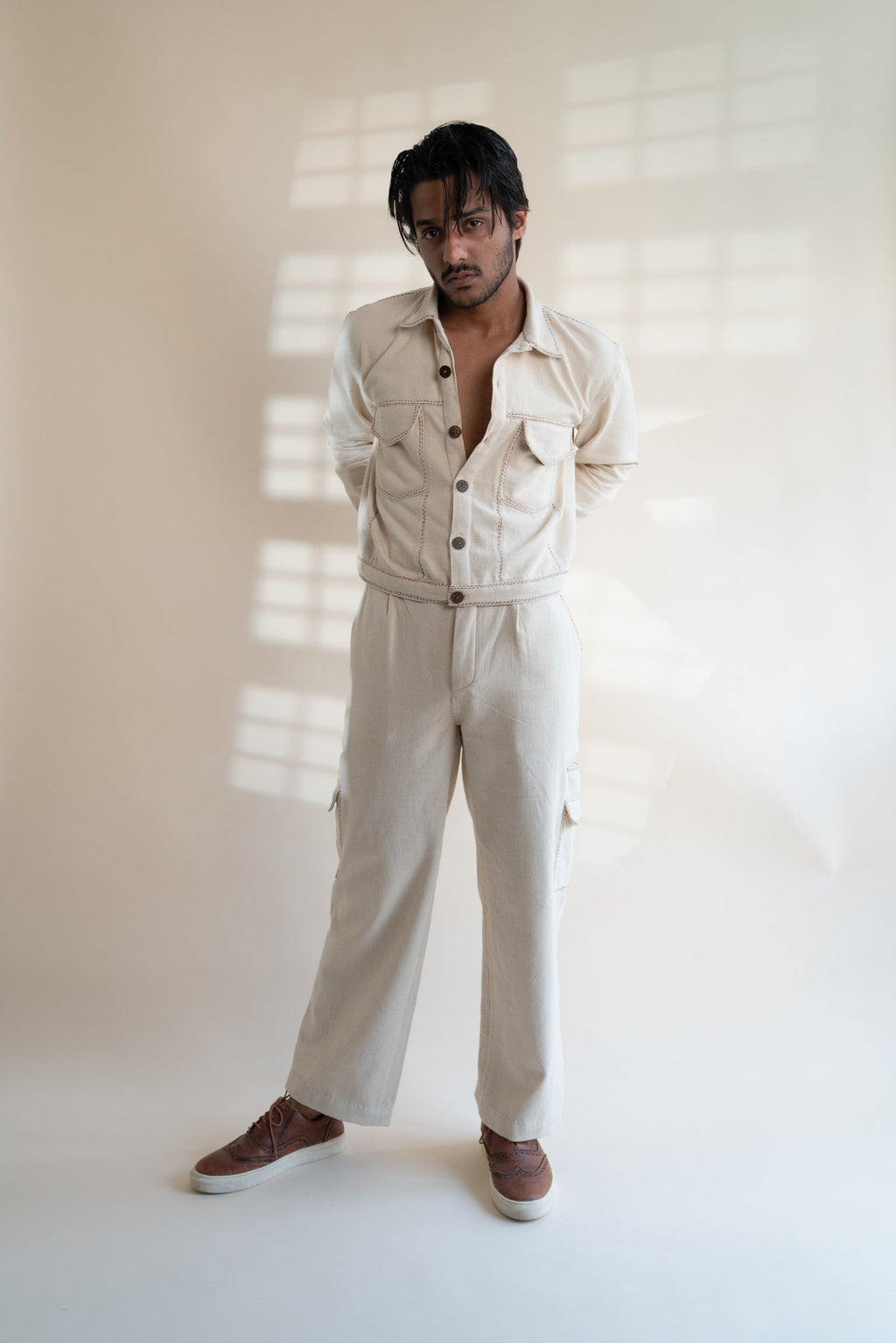 Dawning Denim Jacket by Lafaani with Beige, Casual Wear, Dawning by Lafaani, Denim, Embroidered, For Him, Hand Woven Cotton, Jackets, Kora, Mens Overlay, Menswear, Natural, Regular Fit at Kamakhyaa for sustainable fashion