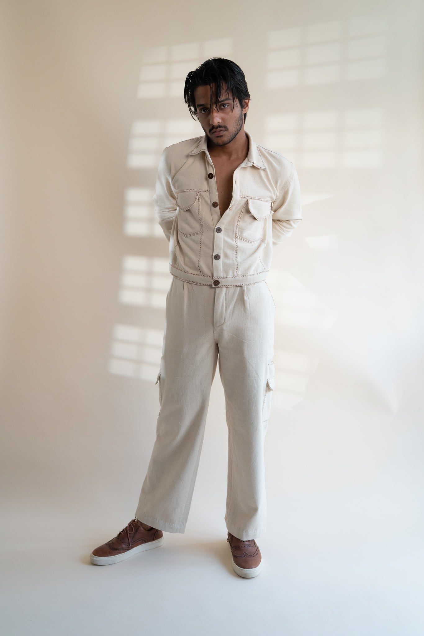 Dawning Denim Jacket by Lafaani with Beige, Casual Wear, Dawning by Lafaani, Denim, Embroidered, For Him, Hand Woven Cotton, Jackets, Kora, Mens Overlay, Menswear, Natural, Regular Fit at Kamakhyaa for sustainable fashion