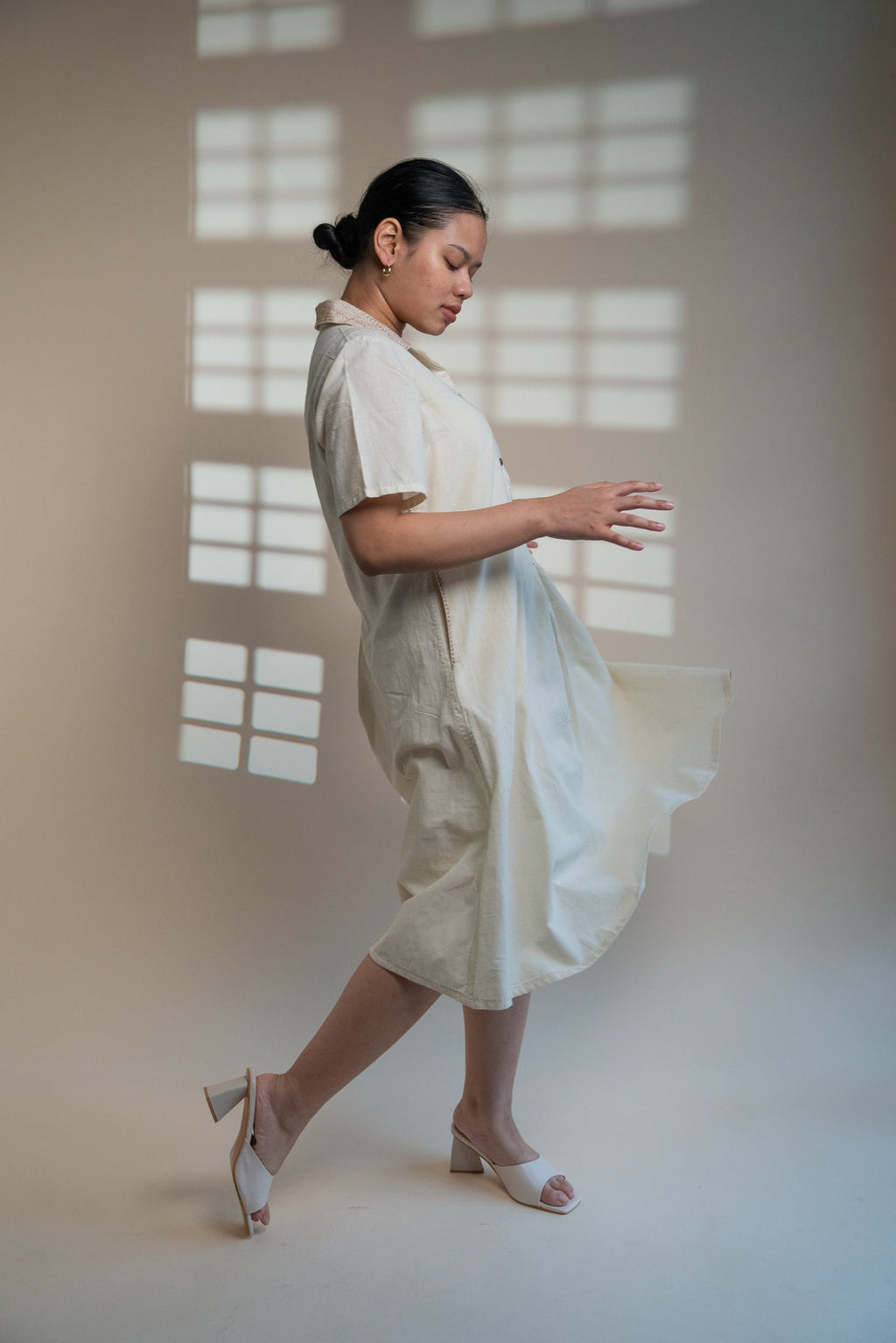 Dawning A Line Dress by Lafaani with Beige, Casual Wear, Dawning by Lafaani, Denim, Kora, Midi Dresses, Natural, Regular Fit, Shirt Dresses, Solids, Womenswear at Kamakhyaa for sustainable fashion