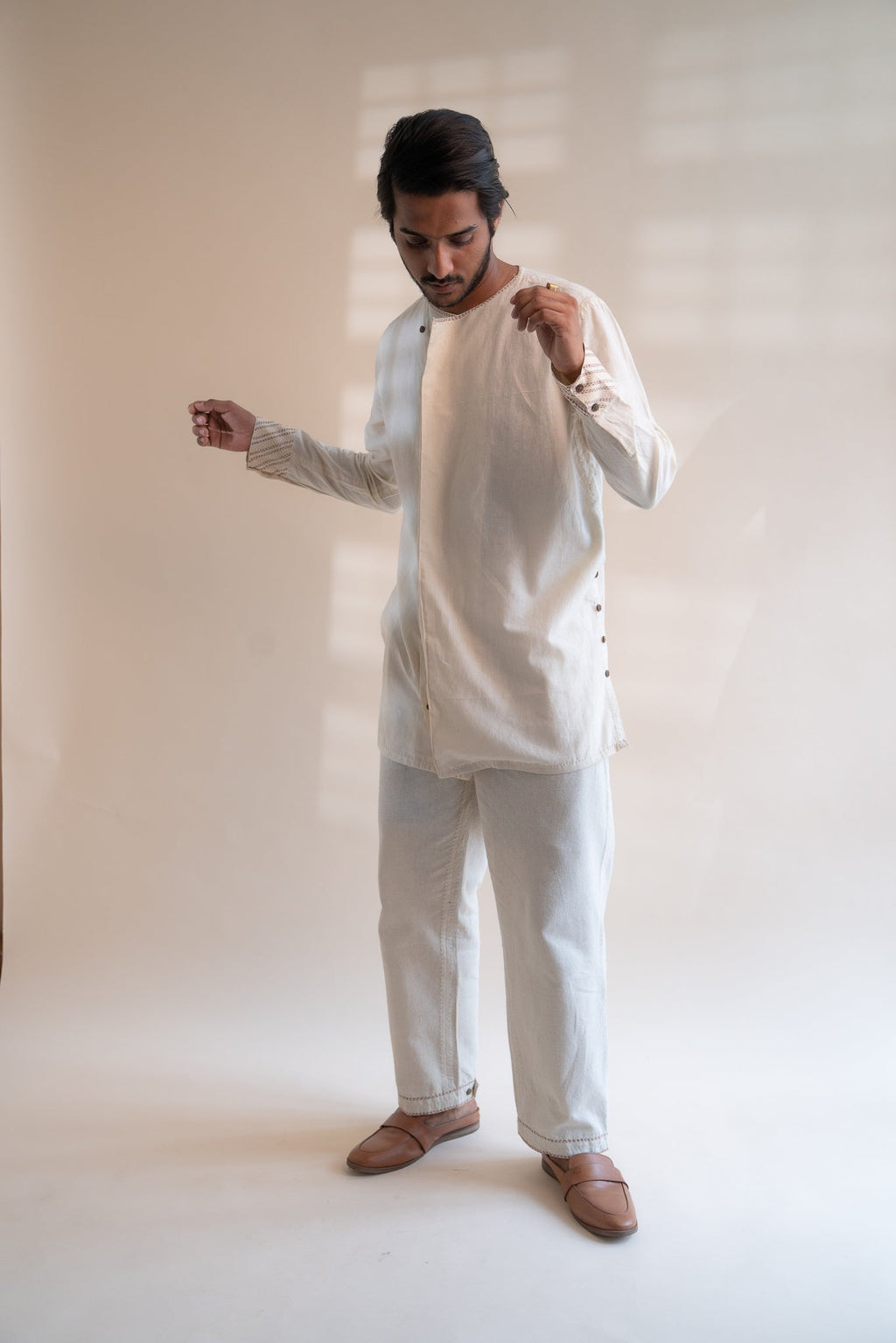 Dawning Angrakha Long Shirt by Lafaani with Beige, Casual Wear, Dawning by Lafaani, Denim, Embroidered, For Father, For Him, Hand Woven Cotton, Kora, Menswear, Natural, Regular Fit, Shirts, Tops at Kamakhyaa for sustainable fashion