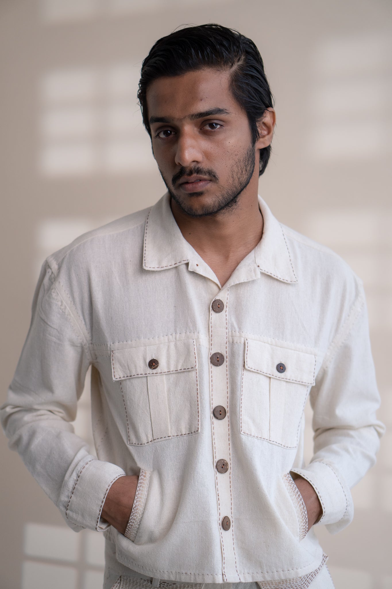 Dawning Shirt Jacket by Lafaani with Beige, Casual Wear, Dawning by Lafaani, Denim, Embroidered, For Him, For Siblings, Hand Woven Cotton, Jackets, Kora, Mens Overlay, Menswear, Natural, Regular Fit at Kamakhyaa for sustainable fashion