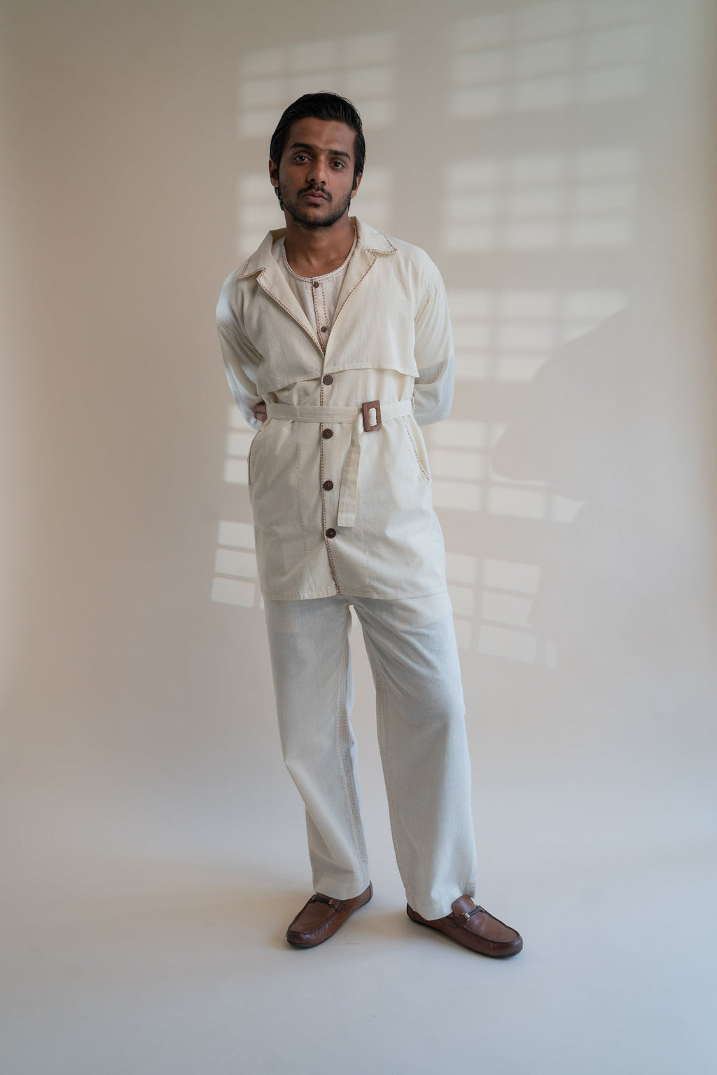 Dawning Trench Overlay by Lafaani with Beige, Casual Wear, Dawning by Lafaani, Denim, Embroidered, For Him, Hand Woven Cotton, Kora, Mens Overlay, Menswear, Natural, Regular Fit, Trench Coats at Kamakhyaa for sustainable fashion