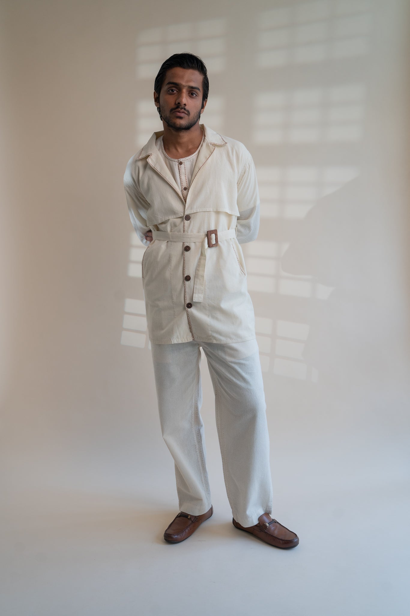 Dawning Trench Overlay by Lafaani with Beige, Casual Wear, Dawning by Lafaani, Denim, Embroidered, For Him, Hand Woven Cotton, Kora, Mens Overlay, Menswear, Natural, Regular Fit, Trench Coats at Kamakhyaa for sustainable fashion