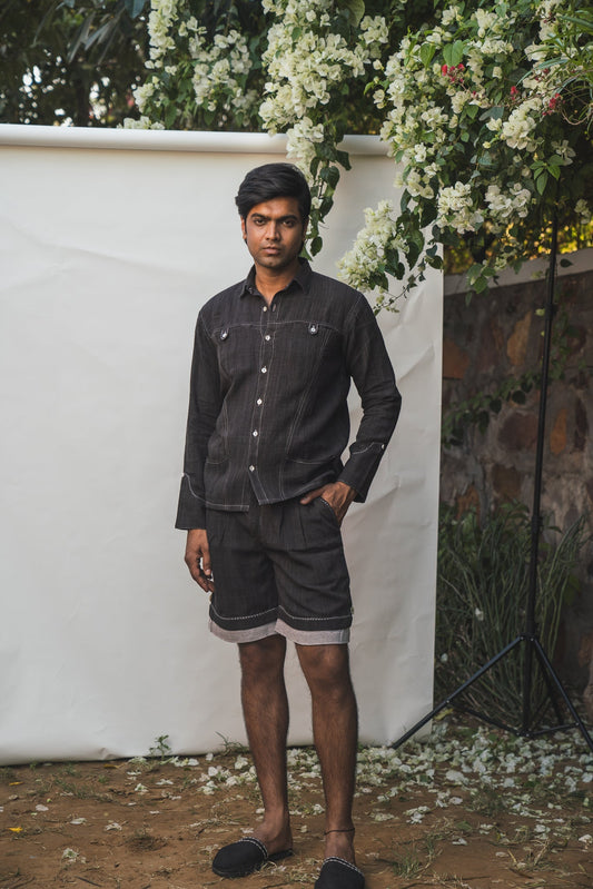 Panelled Shirt & Hem Detail Shorts by Lafaani with 100% pure cotton, Black, Casual Wear, Co-ord Sets, Menswear, Natural with azo free dyes, Organic, Regular Fit, Solids, Sonder, Sonder by Lafaani at Kamakhyaa for sustainable fashion