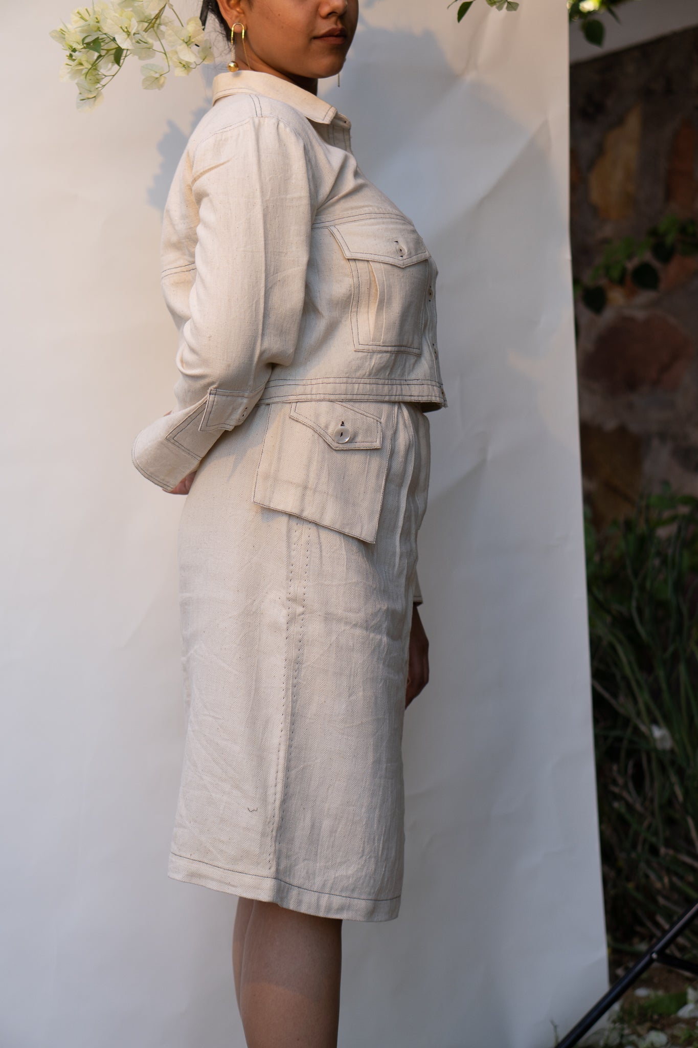 Cropped Jacket & Front Slit Skirt Set by Lafaani with 100% pure cotton, Casual Wear, Dress Sets, Kora, Organic, Regular Fit, Solids, Sonder, Sonder by Lafaani, Undyed and unbleached, Womenswear at Kamakhyaa for sustainable fashion