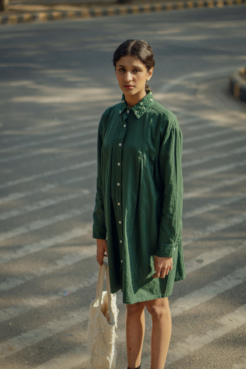 Pleated Dress by Lafaani with 100% pure cotton, Casual Wear, Green, Mini Dresses, Natural with azo free dyes, Organic, Regular Fit, Rewind, Rewind by Lafaani, Solids, Womenswear at Kamakhyaa for sustainable fashion