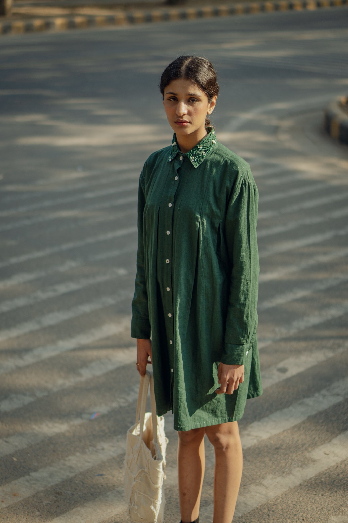 Pleated Dress by Lafaani with 100% pure cotton, Casual Wear, Green, Mini Dresses, Natural with azo free dyes, Organic, Regular Fit, Rewind, Rewind by Lafaani, Solids, Womenswear at Kamakhyaa for sustainable fashion