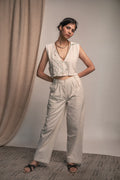 Cropped Blouse & Pants set by Lafaani with 100% pure cotton, Casual Wear, Embroidered, Kora, Organic, Regular Fit, Rewind, Rewind by Lafaani, Solids, Travel Co-ords, Undyed and Unbleached, Womenswear at Kamakhyaa for sustainable fashion