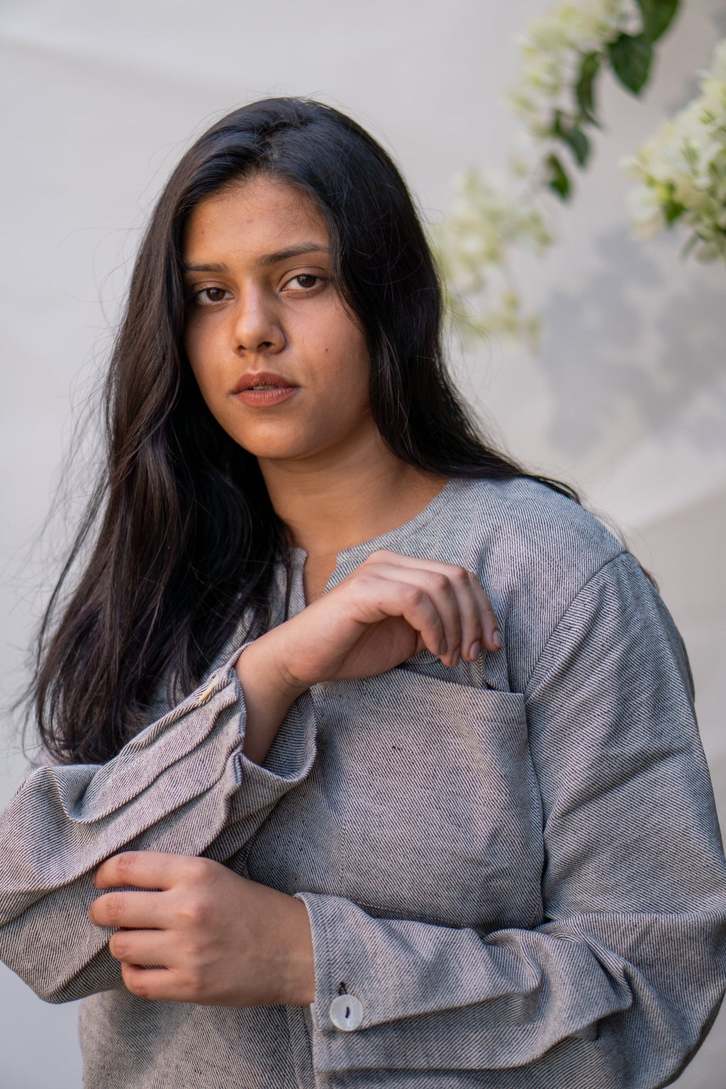 Pleated Sleeve Blouse by Lafaani with 100% pure cotton, Black, Blouses, Casual Wear, Grey, Natural with azo free dyes, Organic, Regular Fit, Solids, Sonder, Sonder by Lafaani, Womenswear at Kamakhyaa for sustainable fashion