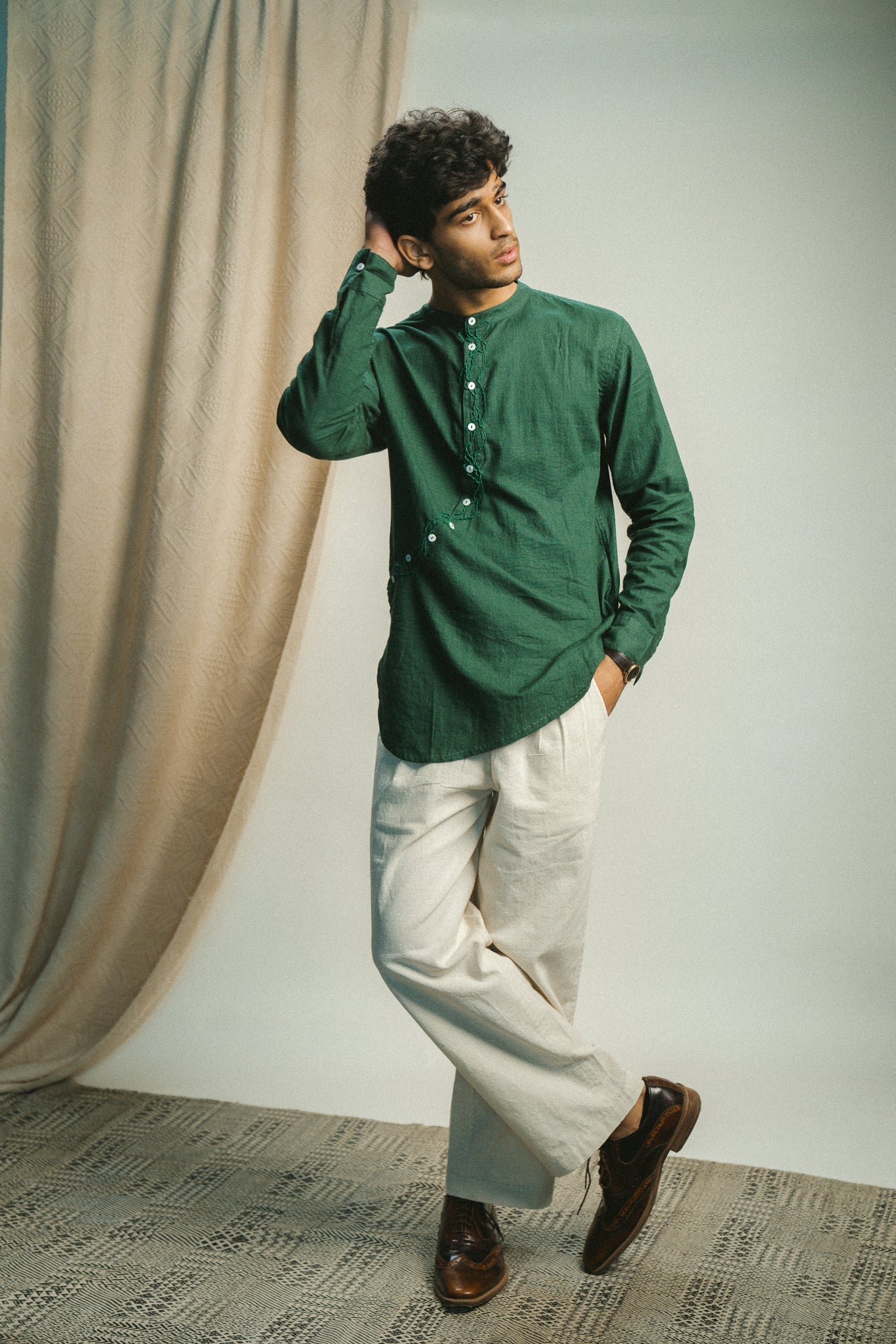 Angrakha Shirt by Lafaani with 100% pure cotton, Casual Wear, Green, Menswear, Natural with azo free dyes, Organic, Regular Fit, Rewind, Rewind by Lafaani, Shirts, Solids at Kamakhyaa for sustainable fashion
