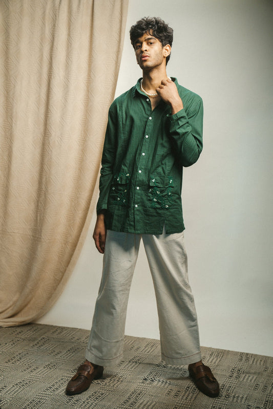 Panelled Shirt & Pants Set by Lafaani with 100% pure cotton, Casual Wear, Co-ord Sets, Green, Kora, Menswear, Natural with azo free dyes, Organic, Regular Fit, Rewind, Rewind by Lafaani, Solids at Kamakhyaa for sustainable fashion