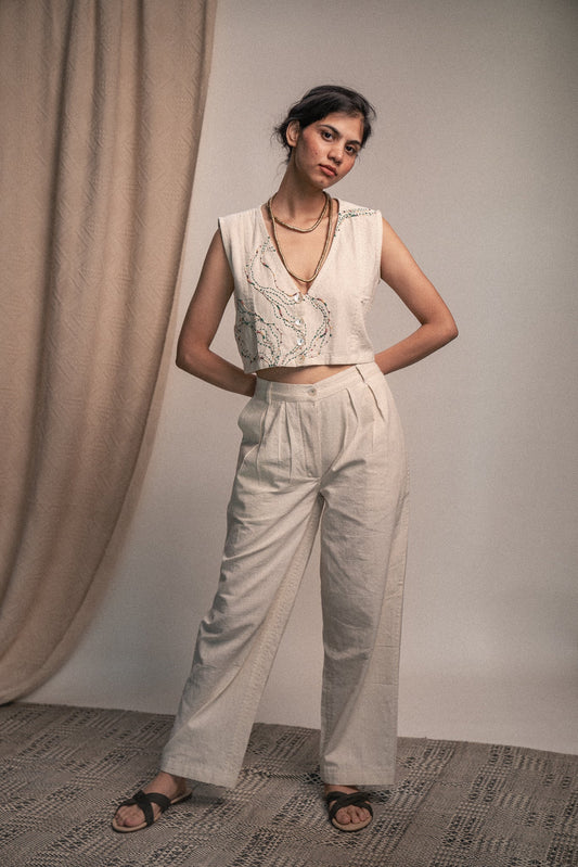 Shrug & Pants Set by Lafaani with 100% pure cotton, Casual Wear, Kora, Organic, Regular Fit, Rewind, Rewind by Lafaani, Solids, Travel Co-ords, Undyed and Unbleached, Womenswear at Kamakhyaa for sustainable fashion