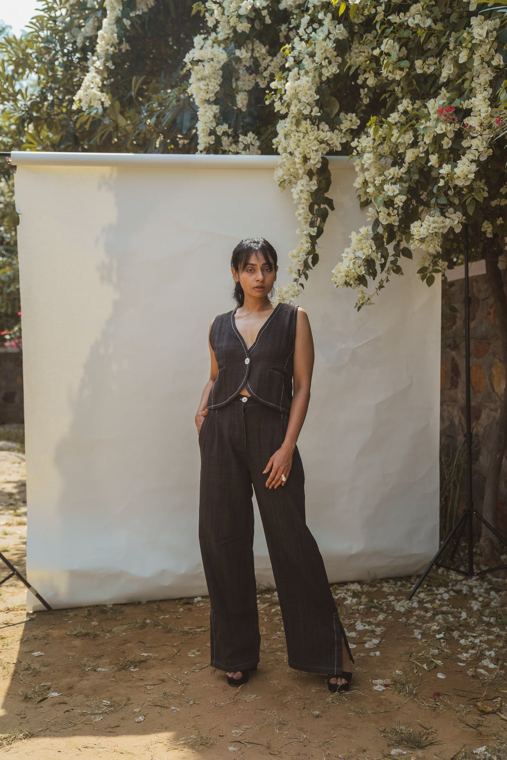 Waistcoat & Side Slit Pants by Lafaani with 100% pure cotton, Black, Casual Wear, Natural with azo free dyes, Organic, Regular Fit, Solids, Sonder, Sonder by Lafaani, Travel Co-ords, Womenswear at Kamakhyaa for sustainable fashion