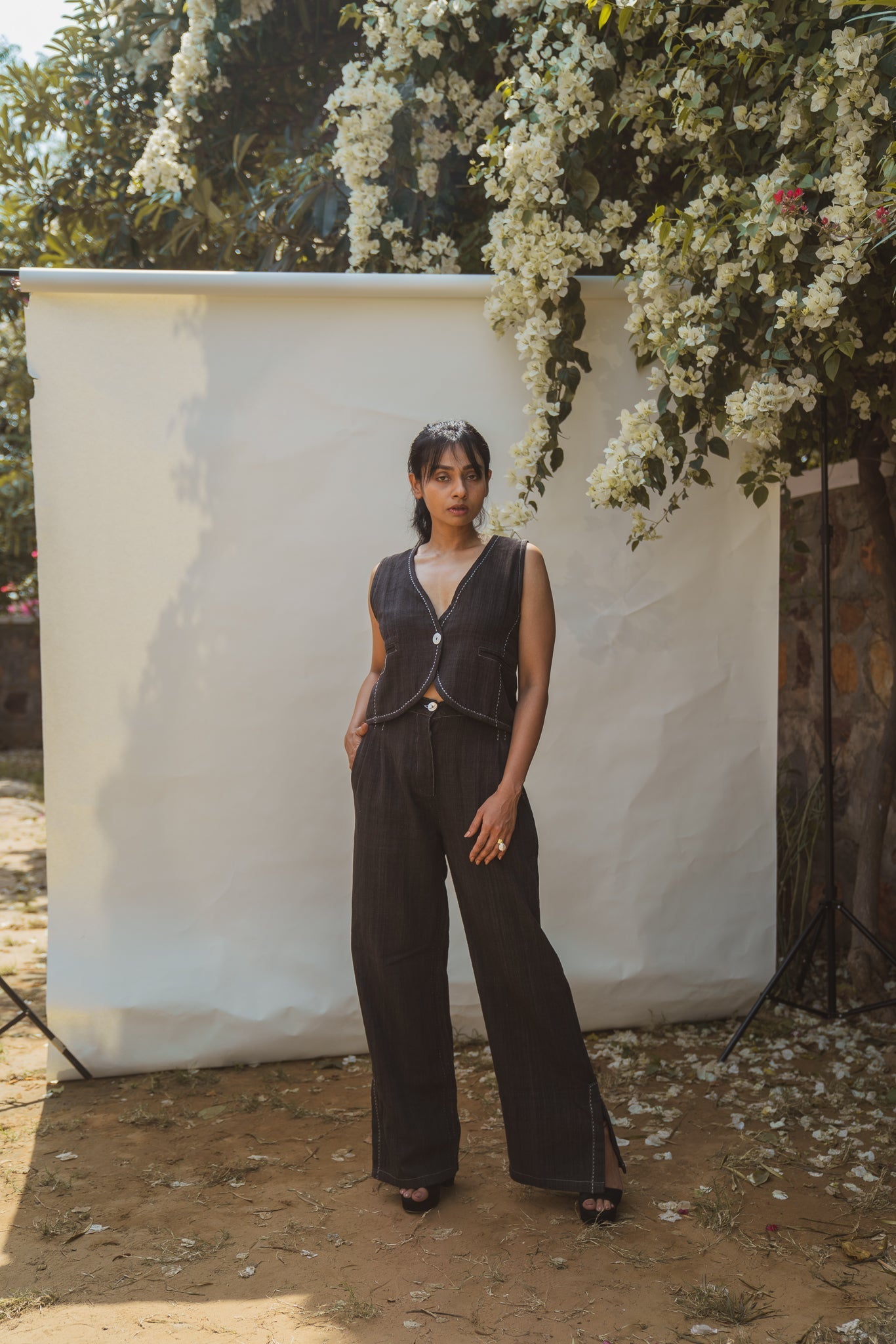 Waistcoat & Side Slit Pants by Lafaani with 100% pure cotton, Black, Casual Wear, Natural with azo free dyes, Organic, Regular Fit, Solids, Sonder, Sonder by Lafaani, Travel Co-ords, Womenswear at Kamakhyaa for sustainable fashion