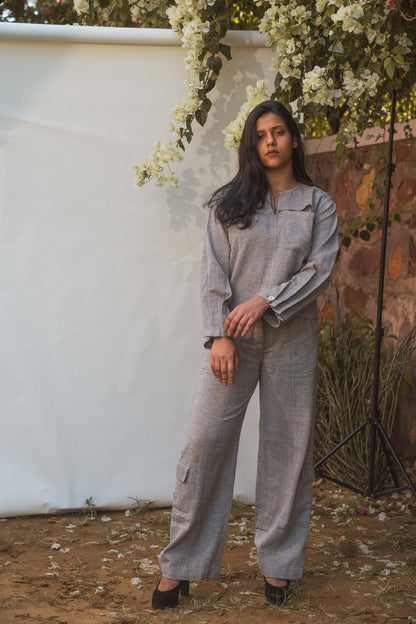 Pleated Sleeve Blouse & Patch Pocket Pants by Lafaani with 100% pure cotton, Black, Casual Wear, Grey, Loungewear Co-Ords, Natural with azo free dyes, Organic, Regular Fit, Solids, Sonder, Sonder by Lafaani, Womenswear at Kamakhyaa for sustainable fashion