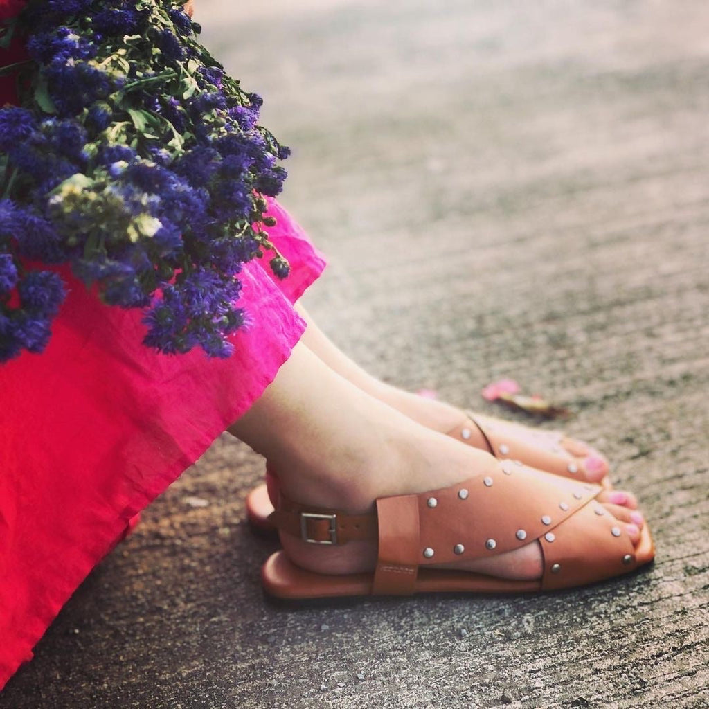 Criss Cross Broad Rivet Sandals in Tan by Sole Stories with Basics Edit- Chapter II, Beige, Faux Leather, Handcrafted, Open Toes, Relaxed Fit, Sandals, Solids, Vegan at Kamakhyaa for sustainable fashion