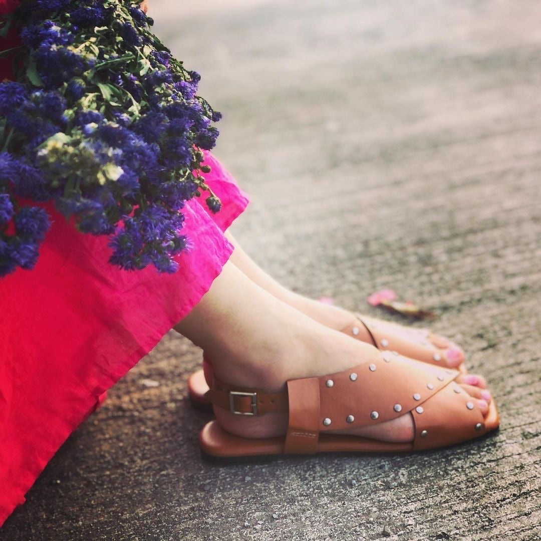 Criss Cross Broad Rivet Sandals in Tan by Sole Stories with Basics Edit- Chapter II, Beige, Faux Leather, Handcrafted, Open Toes, Relaxed Fit, Sandals, Solids, Vegan at Kamakhyaa for sustainable fashion