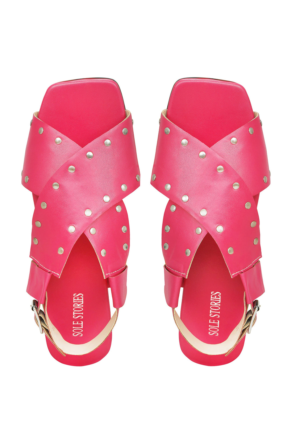 Criss Cross Broad Rivet Sandals in Pink by Sole Stories with Basics Edit- Chapter II, Faux Leather, Handcrafted, Open Toes, Pink, Relaxed Fit, Sandals, Solids, Vegan at Kamakhyaa for sustainable fashion