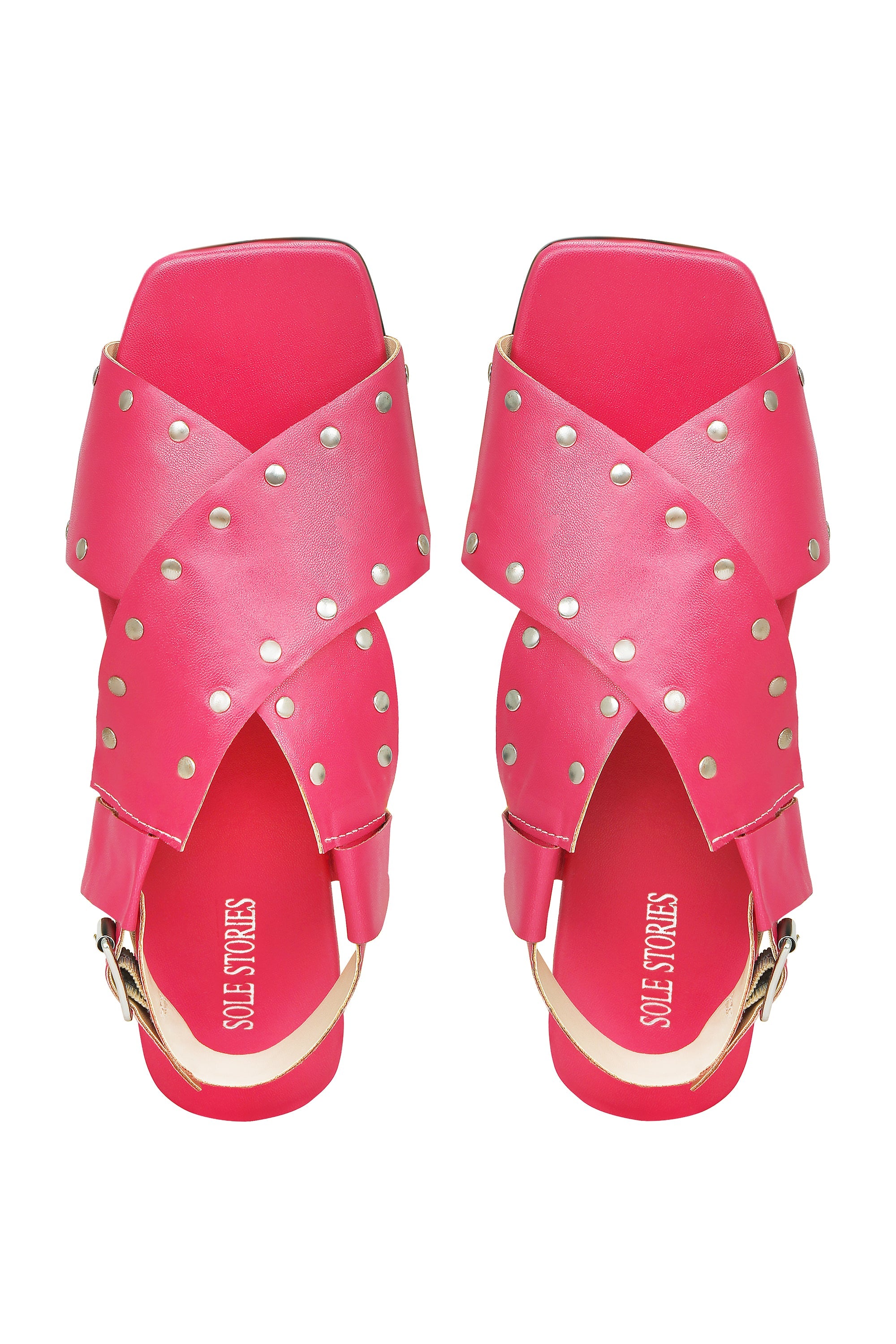 Criss Cross Broad Rivet Sandals in Pink by Sole Stories with Basics Edit- Chapter II, Faux Leather, Handcrafted, Open Toes, Pink, Relaxed Fit, Sandals, Solids, Vegan at Kamakhyaa for sustainable fashion