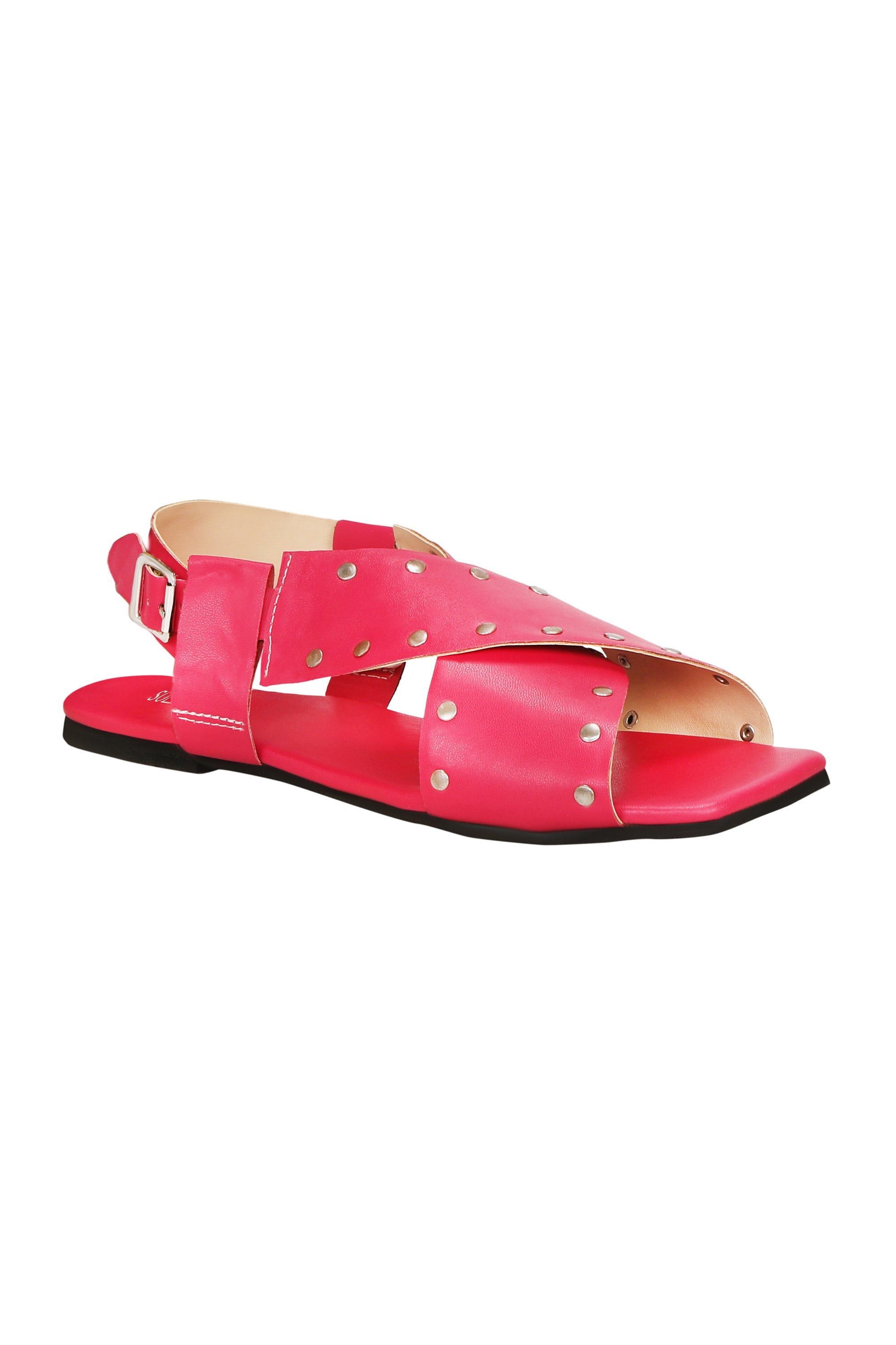 Criss Cross Broad Rivet Sandals in Pink by Sole Stories with Basics Edit- Chapter II, Faux Leather, Handcrafted, Open Toes, Pink, Relaxed Fit, Sandals, Solids, Vegan at Kamakhyaa for sustainable fashion