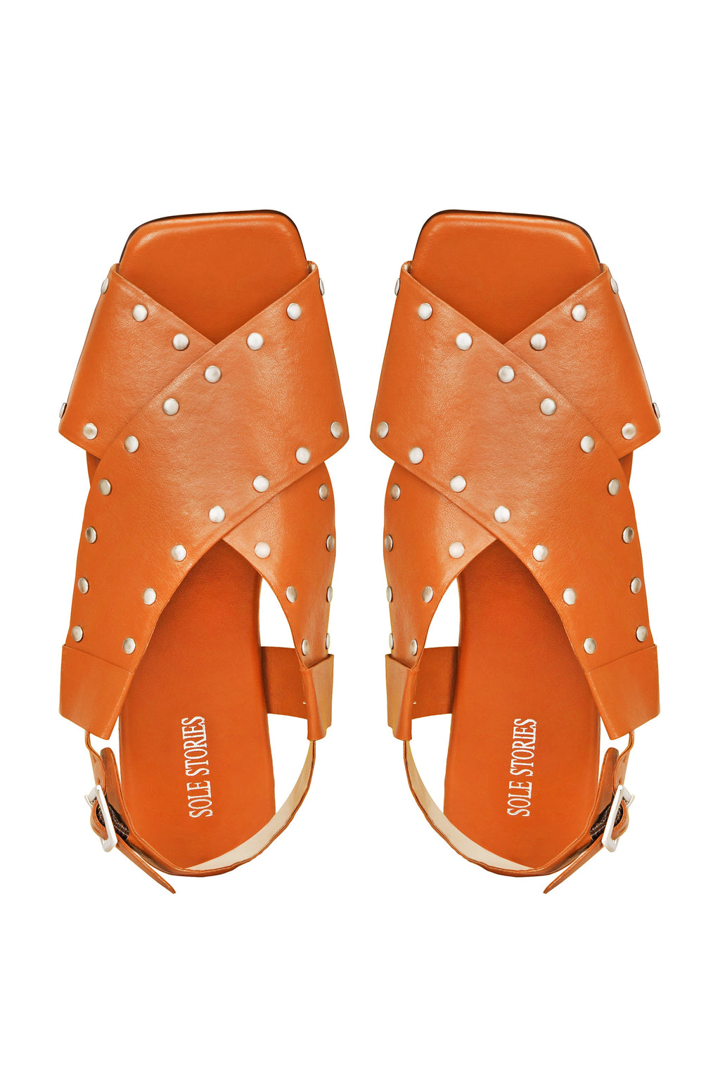 Criss Cross Broad Rivet Sandals in Tan by Sole Stories with Basics Edit- Chapter II, Beige, Faux Leather, Handcrafted, Open Toes, Relaxed Fit, Sandals, Solids, Vegan at Kamakhyaa for sustainable fashion