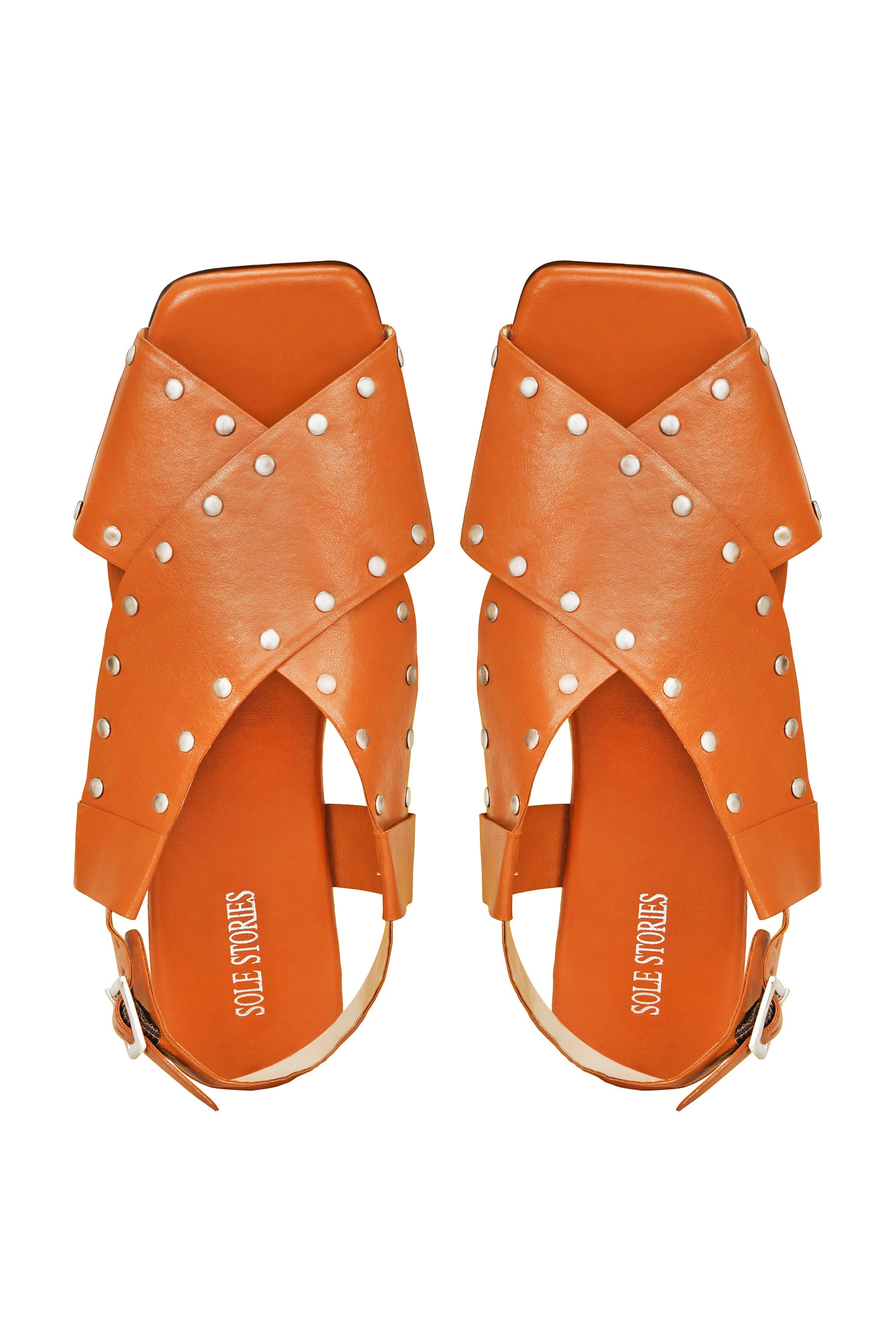 Criss Cross Broad Rivet Sandals in Tan by Sole Stories with Basics Edit- Chapter II, Beige, Faux Leather, Handcrafted, Open Toes, Relaxed Fit, Sandals, Solids, Vegan at Kamakhyaa for sustainable fashion