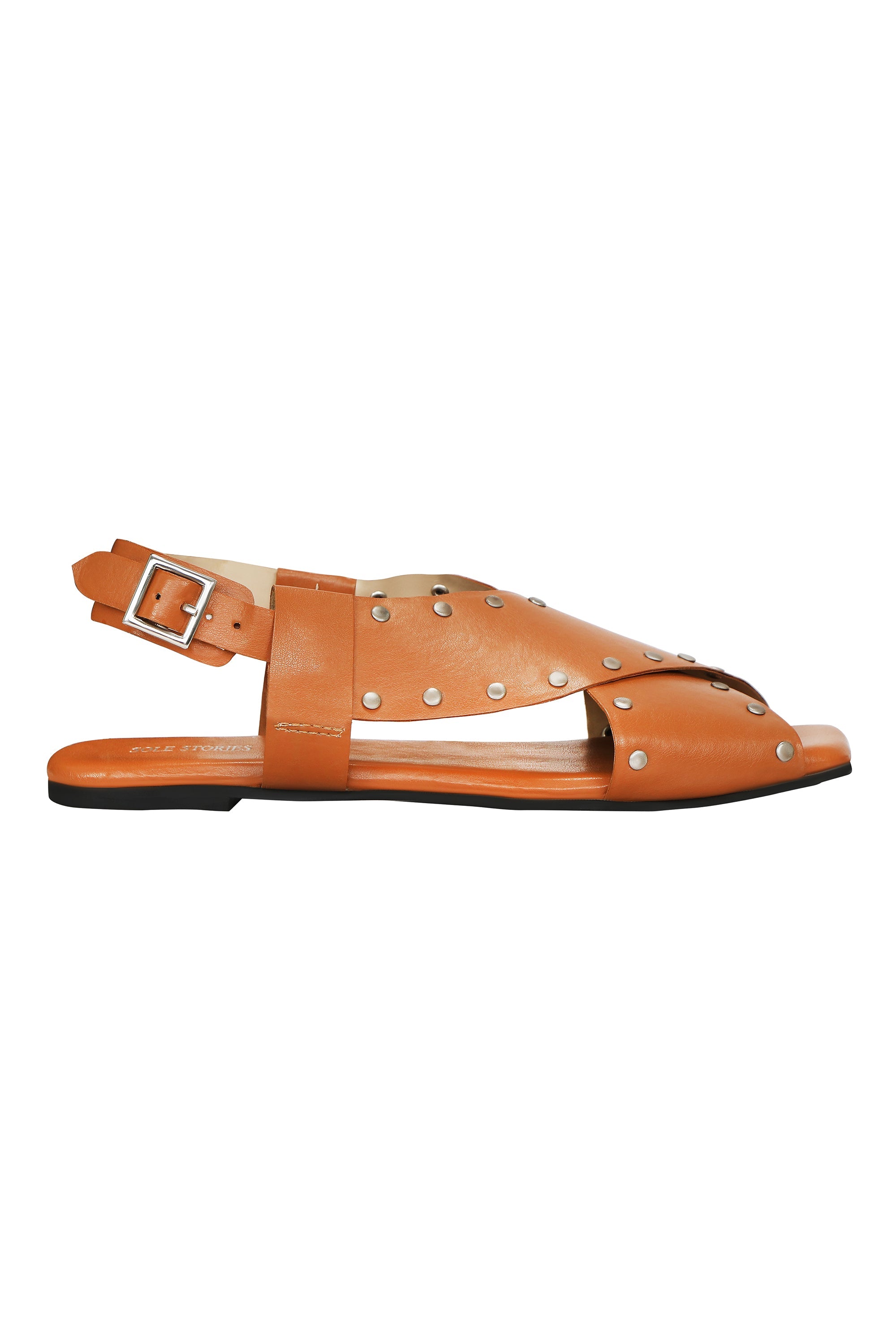 Criss Cross Broad Rivet Sandals in Tan by Sole Stories with Basics Edit- Chapter II, Beige, Faux Leather, Handcrafted, Open Toes, Relaxed Fit, Sandals, Solids, Vegan at Kamakhyaa for sustainable fashion