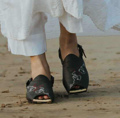 Shoes-Charcoal Peshawaris by Sole Stories with Ankle Loop, Black, Casual Wear, Embroidered, Faux leather, Natural, Open Toes, Recycled, Regular Fit, Square toe, Upcycled, Upcycled Rubber Tyres at Kamakhyaa for sustainable fashion