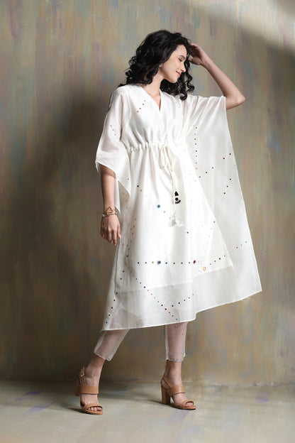 White Chanderi Kaftan Co-ord Set by Charkhee with Chanderi, Co-ord Sets, Cotton, Festive Wear, Mirror Work, Natural, party, Party Wear Co-ords, Regular Fit, Solids, Tyohaar II by Charkhee, White, Womenswear at Kamakhyaa for sustainable fashion