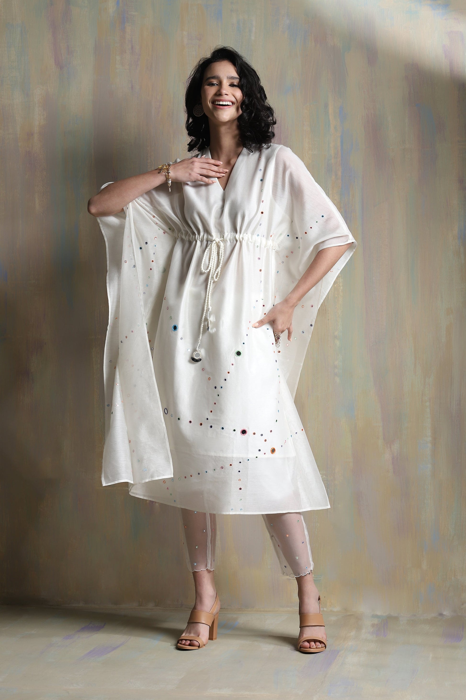 White Chanderi Kaftan Co-ord Set by Charkhee with Chanderi, Co-ord Sets, Cotton, Festive Wear, Mirror Work, Natural, party, Party Wear Co-ords, Regular Fit, Solids, Tyohaar II by Charkhee, White, Womenswear at Kamakhyaa for sustainable fashion