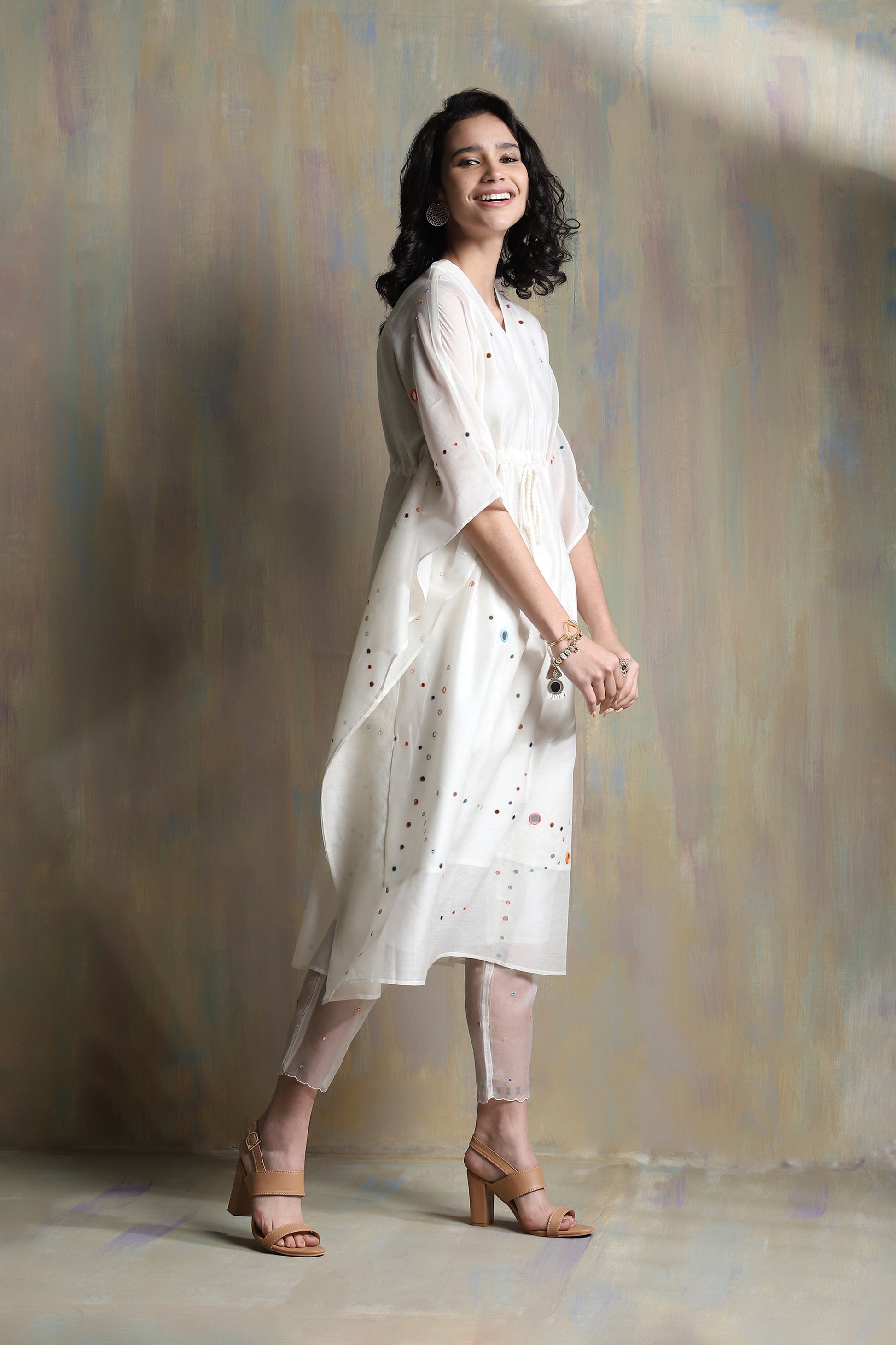 White Chanderi Kaftan Co-ord Set by Charkhee with Chanderi, Co-ord Sets, Cotton, Festive Wear, Mirror Work, Natural, party, Party Wear Co-ords, Regular Fit, Solids, Tyohaar II by Charkhee, White, Womenswear at Kamakhyaa for sustainable fashion