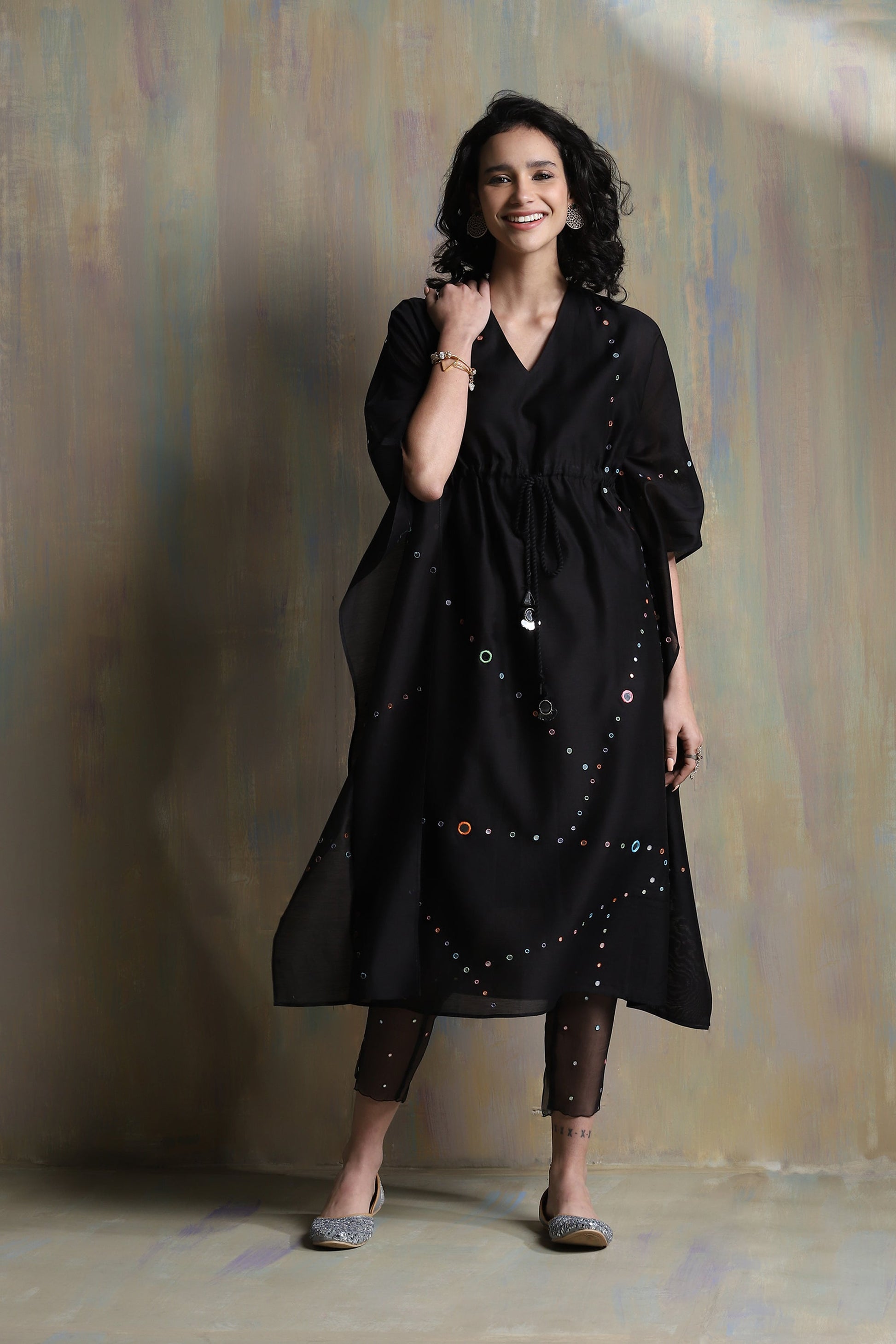 Black Chanderi Kaftan Co-ord Set by Charkhee with Black, Chanderi, Co-ord Sets, Cotton, Festive Wear, Mirror Work, Natural, party, Party Wear Co-ords, Regular Fit, Solids, Tyohaar II by Charkhee, Womenswear at Kamakhyaa for sustainable fashion