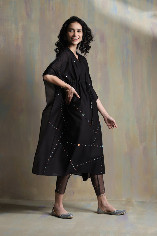 Black Chanderi Kaftan Co-ord Set by Charkhee with Black, Chanderi, Co-ord Sets, Cotton, Festive Wear, Mirror Work, Natural, party, Party Wear Co-ords, Regular Fit, Solids, Tyohaar II by Charkhee, Womenswear at Kamakhyaa for sustainable fashion