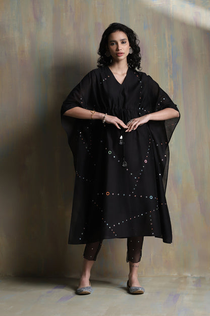 Black Chanderi Kaftan Co-ord Set by Charkhee with Black, Chanderi, Co-ord Sets, Cotton, Festive Wear, Mirror Work, Natural, party, Party Wear Co-ords, Regular Fit, Solids, Tyohaar II by Charkhee, Womenswear at Kamakhyaa for sustainable fashion