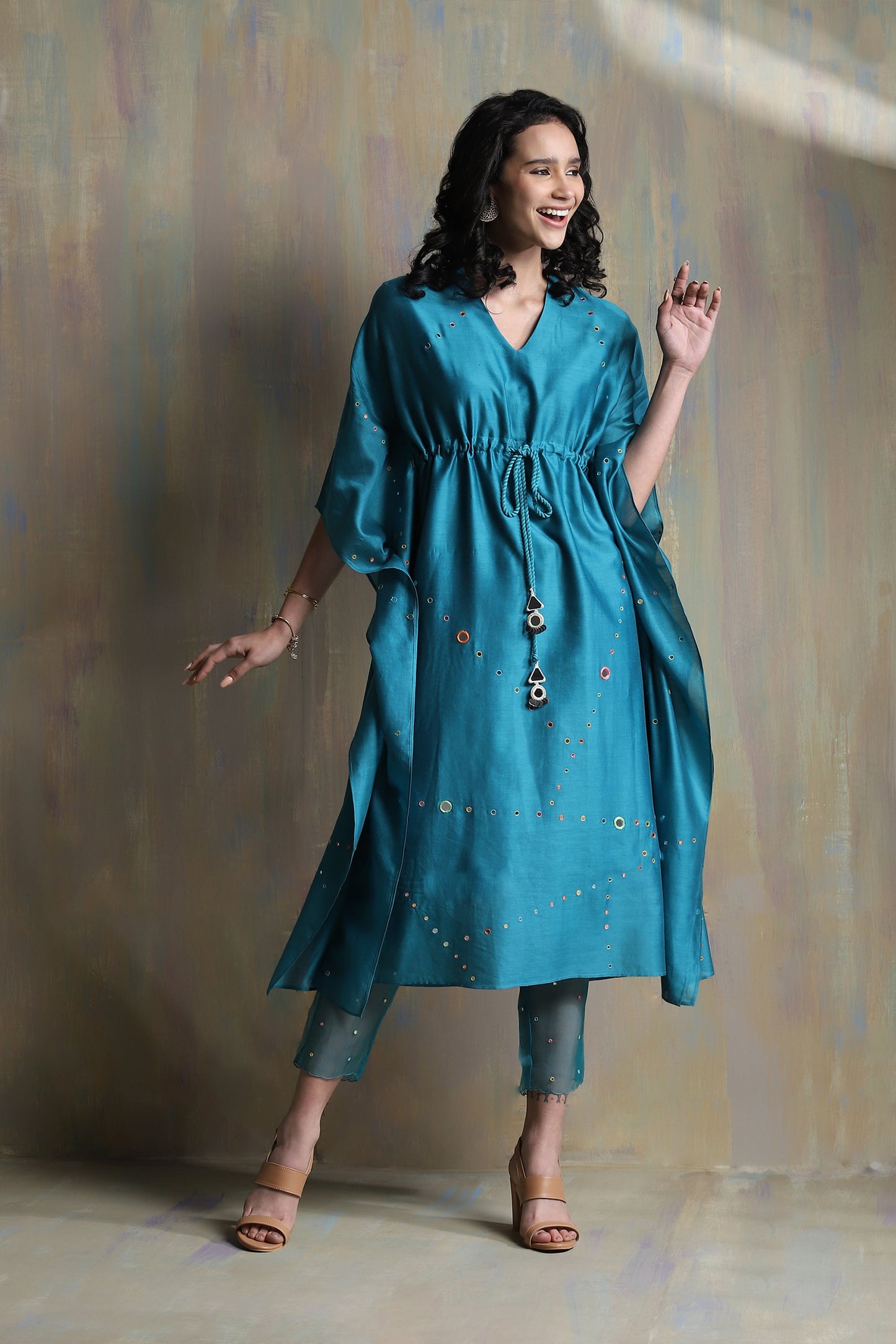 Turquoise Chanderi Kaftan With pant- Set of 2 by Charkhee with Blue, Chanderi, Co-ord Sets, Cotton, Festive Wear, Mirror Work, Natural, party, Party Wear Co-ords, Regular Fit, Tyohaar II by Charkhee, Womenswear at Kamakhyaa for sustainable fashion